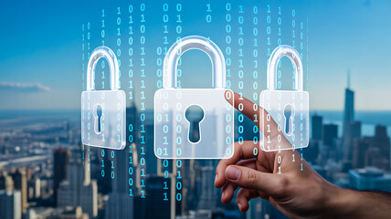Hand reaching toward digital padlock with binary code overlay and cityscape background representing cybersecurity