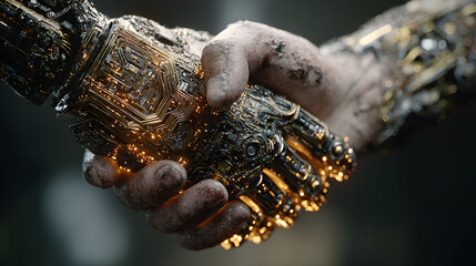a digital handshake blending human and technology with glowing circuit board patterns futuristic style dark background concept of innovation ai generative