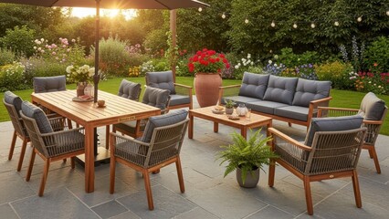 Fototapeta premium Modern wooden patio furniture set in a lush green garden setting