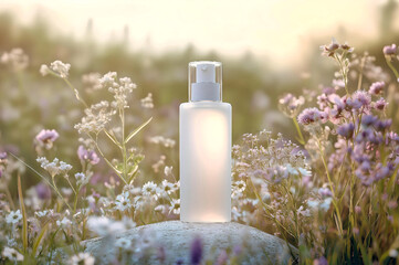 Eco cosmetic bottle in meadow with floral background