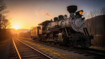 Obraz premium Vintage Steam Train at Sunset with Dramatic Sky