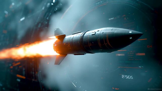 High speed rocket missile launching through stormy air with fiery exhaust showcasing advanced aerospace propulsion engineering and precision strike technology