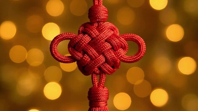 Traditional red knot decoration with bokeh background lights  