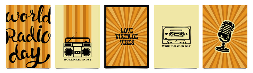 World Radio Day Vintage Poster Set with Retro Microphone, Cassette, Boombox, Radio, and Old School Style - Vector set