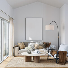 Modern Living Room Poster Frame Mockup with Natural Light and Minimalist Decoration. 3D render.