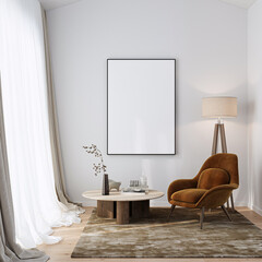 Modern Living Room Poster Frame Mockup with Natural Light and Minimalist Decoration. 3D render.