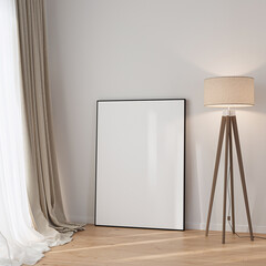 Modern Living Room Poster Frame Mockup with Natural Light and Minimalist Decoration. 3D render.