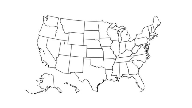 Black and white outline map of the United States, accurately displaying all individual states including Alaska and Hawaii with clear internal borders