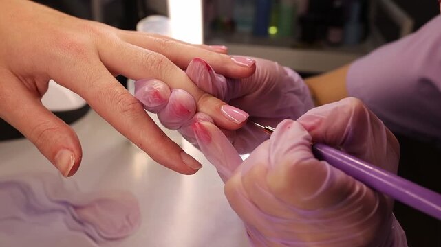Close up of professional manicure process. Nail technician applying gel polish on female nails with brush while wearing protective gloves in beauty salon