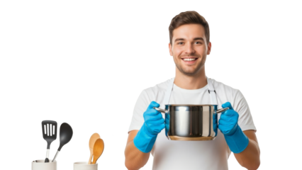 Smiling man in apron holding pot with kitchen utensils png isolated on transparent background
