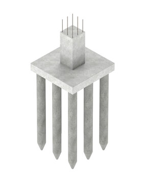 Pile foundation with pile cap and reinforced concrete column, 3D render isolate