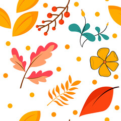 Obraz premium Seamless Autumn Botanical Vector Pattern with Hand Drawn Leaves and Floral Elements for Fabric, Textile, Wallpaper, Stationery, and Packaging