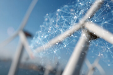 A wind turbine with a network of lines and dots surrounding it