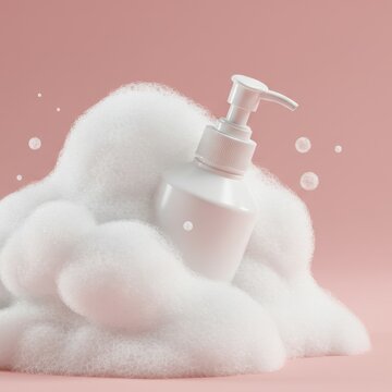White skincare pump bottle resting in gentle foam on light pink background