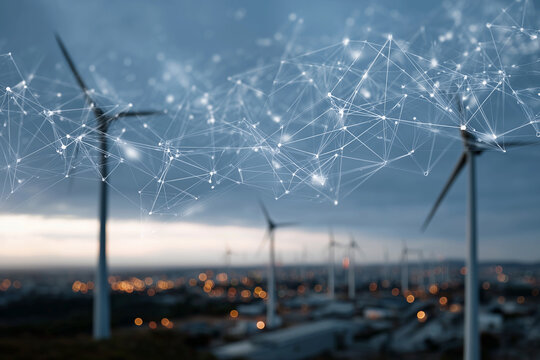 A wind farm with many wind turbines is shown in the sky - Powered by Adobe