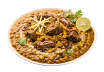 lamb lentil curry plate with lime cilantro garnish