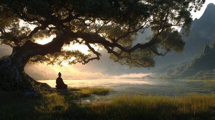 A Buddha statue sits quietly under a large tree beside a calm lake. Morning light shines on the scene revealing mountains in the background. Grass surrounds the area creating a natural view.