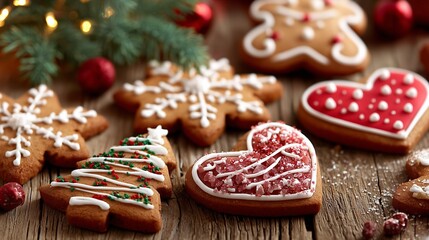 Colorful gingerbread cookies on a wooden table decorated for the holiday season with festive designs and shapes