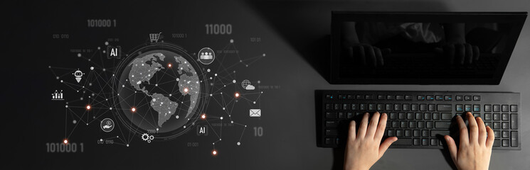 Global AI-powered digital network ecosystem connecting data, finance, analytics, ecommerce, communication, and automation across continents through technology and cloud Latch