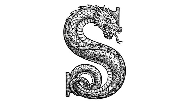 Detailed black and white engraving style illustration of a dragon forming the letter S