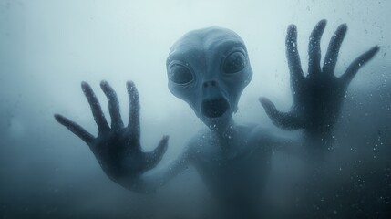 Alien creature appears behind foggy glass with hands pressed against surface in dark setting