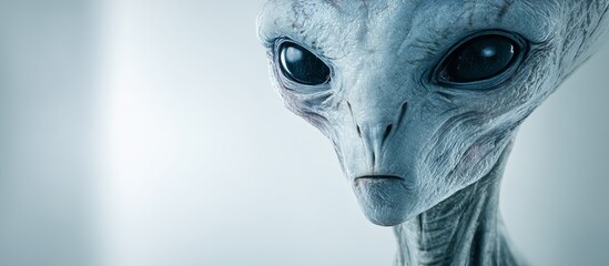 Close view of an alien figure with large eyes and smooth skin, appearing in a light colored space