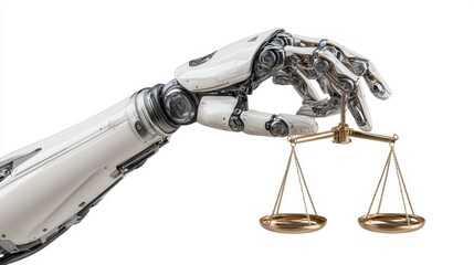 A robot hand grips a set of balance scales. This scene shows the intersection of technology and law. The balance symbolizes fairness while highlighting advanced robotics in today's world.