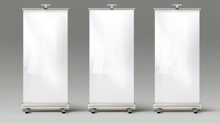 Three empty roll up banner stands are placed in a straight line waiting for promotional materials. The stands are positioned indoors in a venue. Light fills the space.