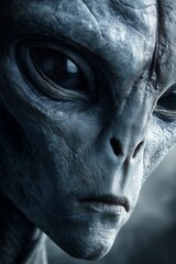 Close-up view of an alien being with large eyes and gray skin in a dark setting during a science fiction scene
