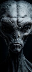 Mysterious alien figure with intricate details captured in a dark setting at an unknown time