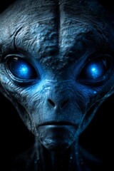 Close view of an alien face with large eyes and detailed skin texture against a dark background