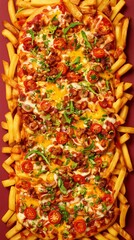 Food platter features pizza topped with meat, cheese, and vegetables alongside crispy fries served on a red surface