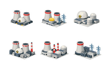 Set of isometric nuclear power plant icons with cooling towers and reactors
