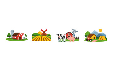 Obraz premium Charming flat design farm scenes with barns, windmills, animals, and fields