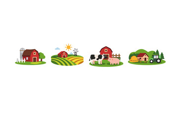 Obraz premium Charming cartoon farm scenes with barns, fields, animals, and a tractor