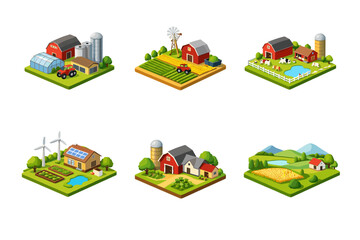 Obraz premium Collection of isometric farm scenes with barns, tractors, crops, and livestock