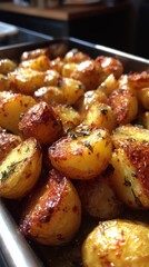 Freshly roasted potatoes served in a kitchen, filled with flavor and texture during a busy lunch hour