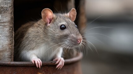 Rat peeking out from a rustic container, showcasing its delicate features and whiskers, surrounded by a blurred natural environment, emphasizing wildlife and curiosity