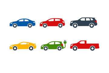 Fototapeta premium Collection of diverse car icons in various colors and styles on a white background