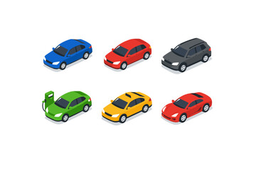 Collection of isometric cars in various colors and types on a white background