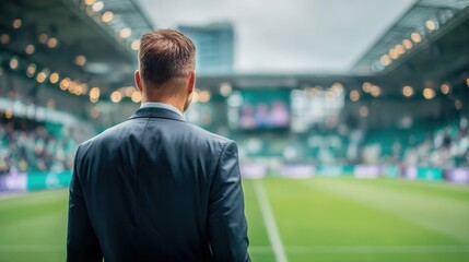 Man in suit standing on soccer field