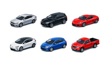Collection of diverse modern vehicles shown from an isometric perspective on white background
