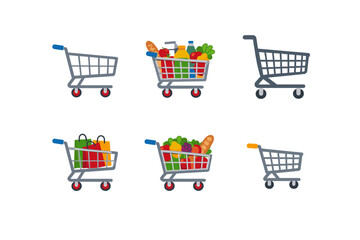 Collection of six shopping cart icons with groceries and shopping bags