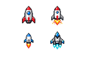 Obraz premium Collection of pixel art rockets and spaceships launching into space with fiery exhaust