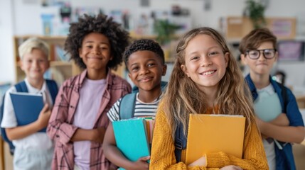Five kids stand together in a classroom. They are smiling and holding books of different colors. The room has shelves with educational materials. It is a bright and active environment.