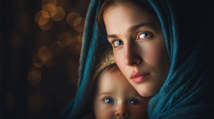 A woman wraps a blue shawl around herself and a child with both looking directly at the viewer. Soft lights create a warm atmosphere in the background during evening hours.
