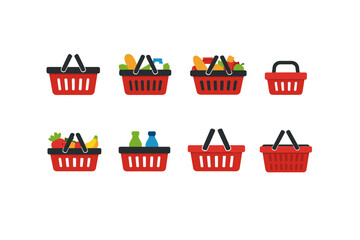 Collection of eight red shopping baskets with handles, some filled with groceries