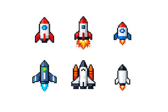 Collection of six pixel art rockets and spaceships launching into space