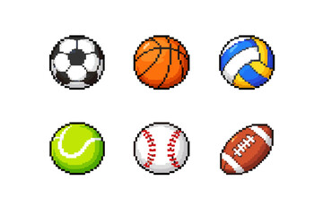 Obraz premium Pixel art collection of popular sports balls on a white background