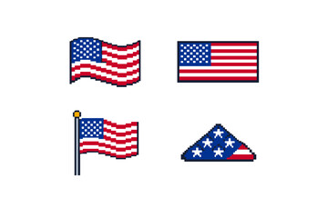 Obraz premium Pixel art collection of American flags in various styles and orientations